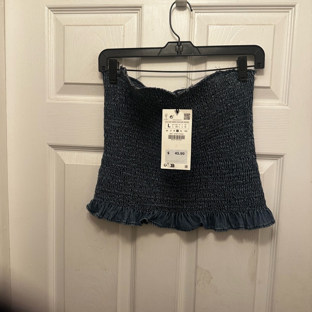 Blue Smocked Ruffle Tube Top with Ruffle Hem